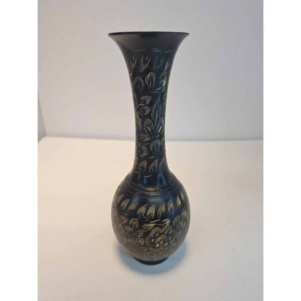 Vintage Hand Etched Metal Bud Vase. Made in India.